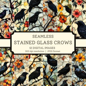 May include: A set of 12 digital images featuring seamless patterns of stained glass crows perched on branches with colorful flowers. The images are 300 dpi resolution and in JPEG format.