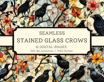 Stained Glass Crows Digital Paper, High Quality Seamless Images, Printable Flower Birding Scrapbook/ Textile Designs, Digital Backgrounds
