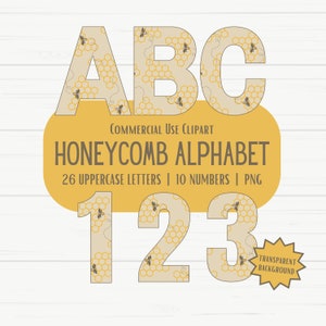 Honingraatalfabet PNG, A tot Z-letters, 0 tot 9 cijfers, hoge resolutie digitale decoratieve belettering clipart, transparante achtergrond
