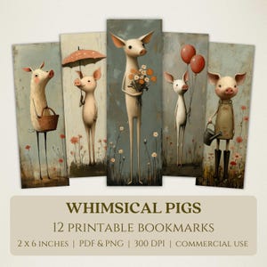 Marcapáginas imprimibles de cerdos caprichosos, imágenes digitales de alta calidad, descarga instantánea, regalo para amantes de los libros, animales de granja de estilo vintage peculiares PNG