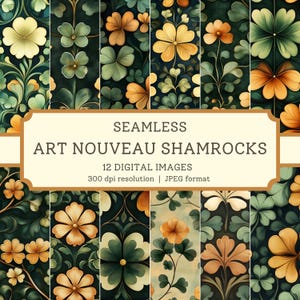 May include: Twelve digital seamless patterns featuring Art Nouveau style shamrocks in shades of green, yellow, and brown. The patterns are perfect for crafting, scrapbooking, and digital design projects.