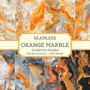 May include: Twelve seamless digital images of orange and gray marble patterns. The images are 300 dpi resolution and in JPEG format. The text "Seamless Orange Marble" and "12 Digital Images" is displayed on a yellow banner.