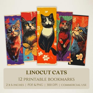 May include: Twelve printable bookmarks featuring colorful linocut illustrations of cats. Each bookmark is 2 inches by 6 inches and features a different cat design with a vintage aesthetic.