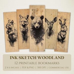 Zakładki do druku Ink Sketch Woodland Animal, wysokiej jakości obrazy cyfrowe, natychmiastowe pobieranie, prezent dla miłośników klubu książki, rysunek długopisem Cottagecore