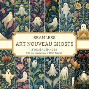 May include: A digital art collection featuring seamless Art Nouveau patterns with whimsical ghost illustrations. The designs incorporate floral elements in shades of blue, green, and muted tones, with the text "SEAMLESS ART NOUVEAU GHOSTS".