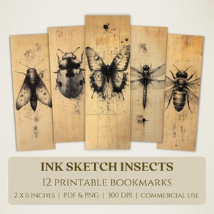 Zakładki do druku Ink Sketch Insects, wysokiej jakości obrazy cyfrowe, natychmiastowe pobieranie, prezent dla miłośników klubu książki, rysunki motyli i owadów