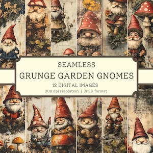 Könnte beinhalten: Zwölf digitale Bilder von nahtlosen Mustern mit skurrilen Gartenzwergen mit roten spitzen Hüten, Pilzen und Blumen. Die Bilder sind im Grunge-Stil mit einer Vintage-Ästhetik gehalten. Der Text "Seamless Grunge Garden Gnomes" und "12 Digital Images" ist im Bild enthalten.