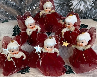 Vintage Holt Howard Christmas Angel Ornaments: Red Tulle, Porcelain Head (Lot of 6)