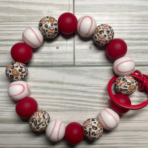 Baseball W / Leopard Print Perlen Perlen Armband W / Schlüsselbund Clip