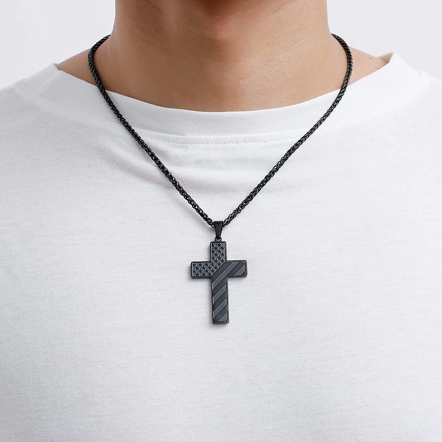 Flagge Tag Geschenk Edelstahl Amerikanische USA Flagge Kreuz Religiöser Anhänger Halskette Schmuck Für Männer Kreuz Kette Halskette Für Männer, Silber, Einheitsgröße