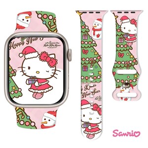 May include: A pink Apple Watch and strap set with a festive Hello Kitty design. The design includes Hello Kitty in a Santa hat, snowmen, Christmas trees, and the text "Happy New Year" and "X'mas".