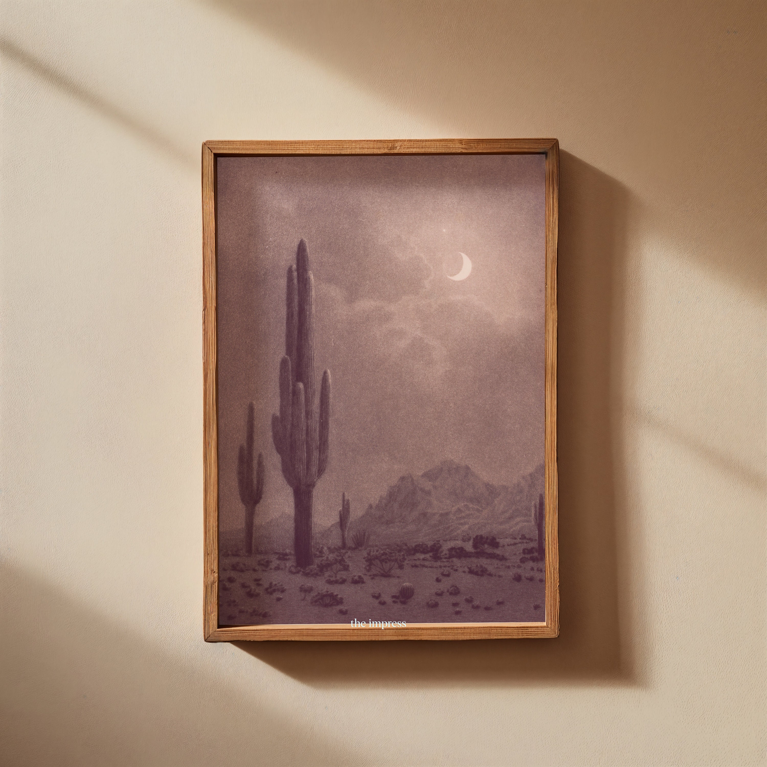 Pink Cactus Drawing with Crescent Moon - Boho Wall Art - Desert Night Decor - Girly Western Wall Art - Desert Chic Wall Art