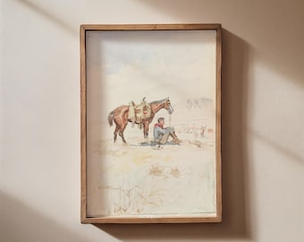 Sitting Cowboy Watercolor Illustration - Western Wall Art - Boho Cowboy Art - Ranch House Decor - Neutral Western Art