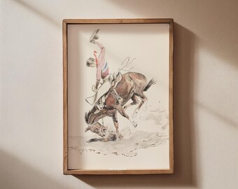 Cowboy Rodeo Watercolor Painting - Western Wall Art - Boho Cowboy Art - Ranch House Decor - Neutral Western Art