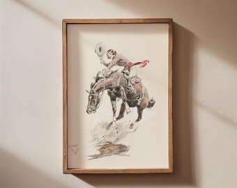 Vintage Cowgirl Rodeo Illustration - Girly Western Wall Art - Boho Cowboy Art - Ranch House Decor - Neutral Western Art