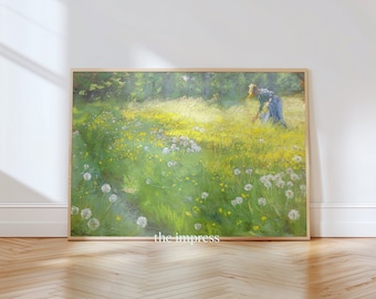 Impressionist Woman Picking Dandelions in a Summer Field - Vintage Green Wall Art -  Landscape Painting with a Lady - Impressionist Print
