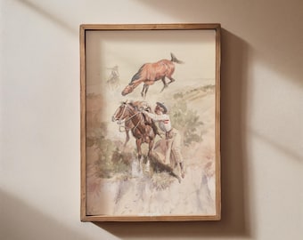 1900&#39;s Cowgirl Vintage Watercolor Painting - Girly Western Wall Art - Boho Cowboy Art - Ranch House Wall Decor - Neutral Western Art -