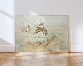 Watercolor Cowboy Landscape Painting - Girly Western Wall Art - Boho Cowboy Art - Ranch House Decor - Neutral Western Art