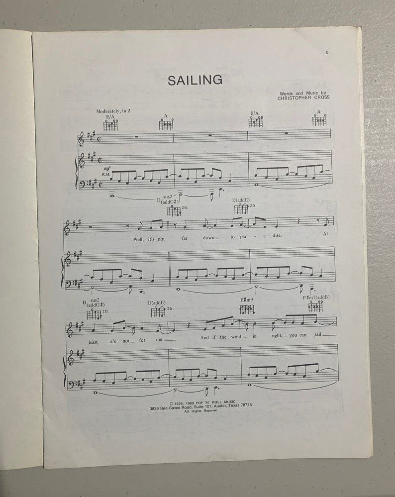 Christopher Cross Sailing Vintage Sheet Music Songbook Standard