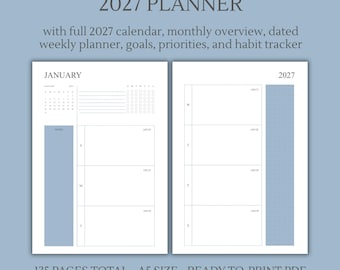 May include: A 2027 planner with a full calendar, monthly overview, dated weekly planner, goals, priorities, and habit tracker. The layout includes two pages with A5 size, 135 pages total, and a ready-to-print PDF format in a light blue colour.