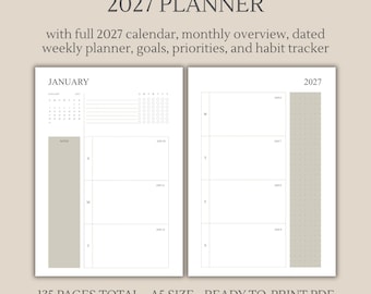 May include: A 2027 planner with 135 pages total in A5 size, featuring a full 2027 calendar, monthly overview, dated weekly planner, goals, priorities, and habit tracker. The layout includes a January monthly view and a weekly schedule.