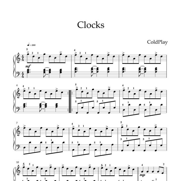 Clocks ColdPlay Solo piano arrangement in the key of C major, intermediate level.