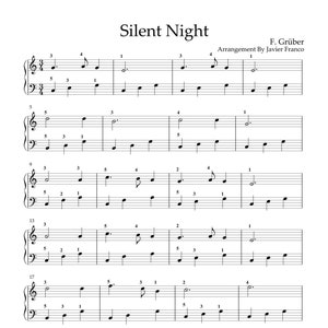 May include: Sheet music for the traditional Christmas carol "Silent Night" by Franz Gruber. The music is arranged for piano and includes the title, composer, and arranger's name.