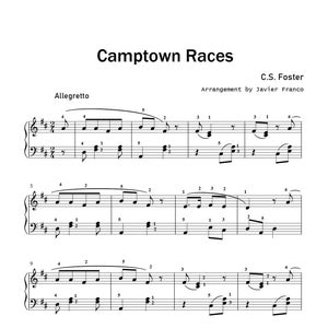 Może przedstawiać: Nuty do "Camptown Races" C.S. Fostera, zaaranżowane przez Javiera Franco. Muzyka zapisana czarnym tuszem na białym tle. Tytuł u góry, z "Allegretto" i zapisem nutowym poniżej.