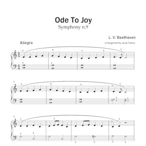 Könnte beinhalten: Notenblatt für das Lied "Ode To Joy" aus Beethovens Symphonie Nr. 9. Die Musik ist in Standardnotation mit Violinschlüssel und Bassschlüssel geschrieben. Der Titel "Ode To Joy" ist in großer Schrift oben auf der Seite geschrieben. Der Name des Komponisten, "L. V. Beethoven", und der Name des Arrangeurs, "Javier Franco", sind ebenfalls enthalten.