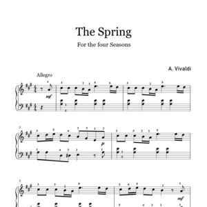 Könnte beinhalten: Notenblatt für "Der Frühling" aus Vivaldis "Die vier Jahreszeiten". Die Musik ist in G-Dur geschrieben und hat ein lebhaftes, fröhliches Tempo. Der Titel "Allegro" steht oben auf der Seite, zusammen mit dem Namen des Komponisten, "A. Vivaldi".