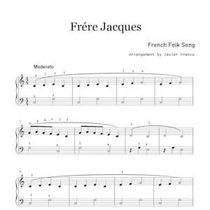 Könnte beinhalten: Eine Notenpartitur für das französische Volkslied "Frère Jacques", arrangiert von Javier Franco. Die Musik ist in Violinschlüssel geschrieben und enthält Noten für beide Hände.