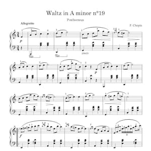 以下が含まれることがあります： F. ショパン作曲の、イ短調ワルツ第19番の楽譜。ページの上部には「Waltz in A minor n°19」というタイトルと、作曲家の名前と「Posthomous」という単語が印刷されています。