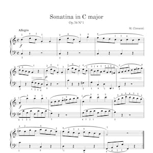 May include: A sheet music score for a piano piece titled "Sonatina in C major" by M. Clementi, Op. 36 No. 1. The music is written in treble clef and bass clef, with notes and rests indicated.