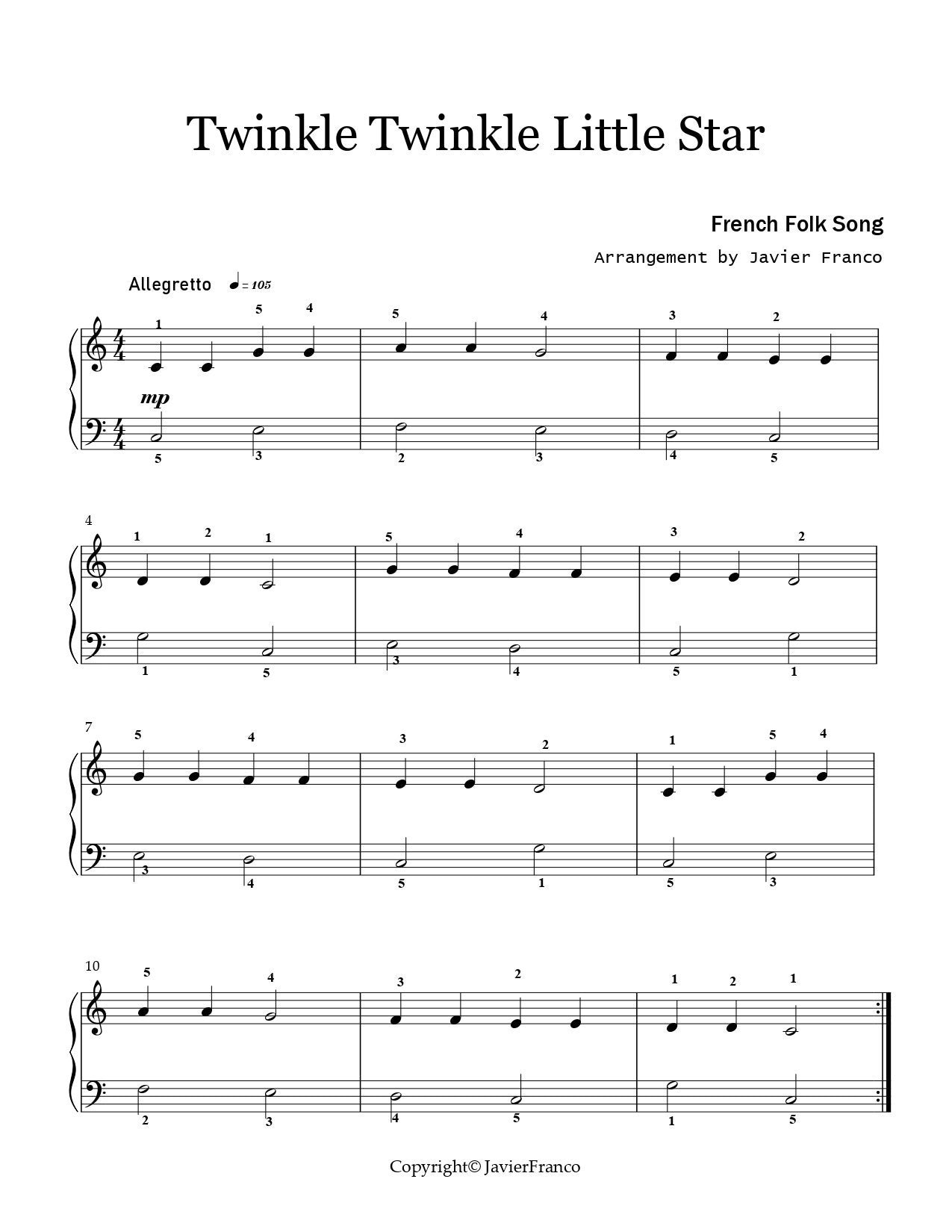 Twinkle Twinkle Little Star Piano Easy Sheet Music Etsy