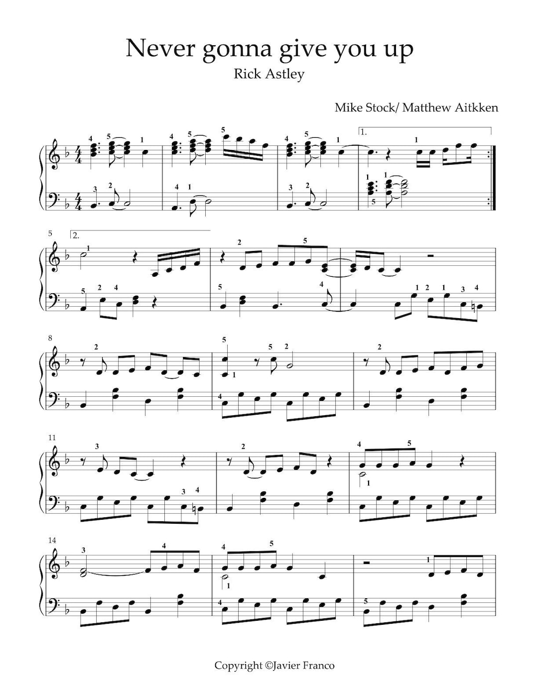 Never Gonna Give You Up-rick Astley-partitura Para Piano En Re Menor ...