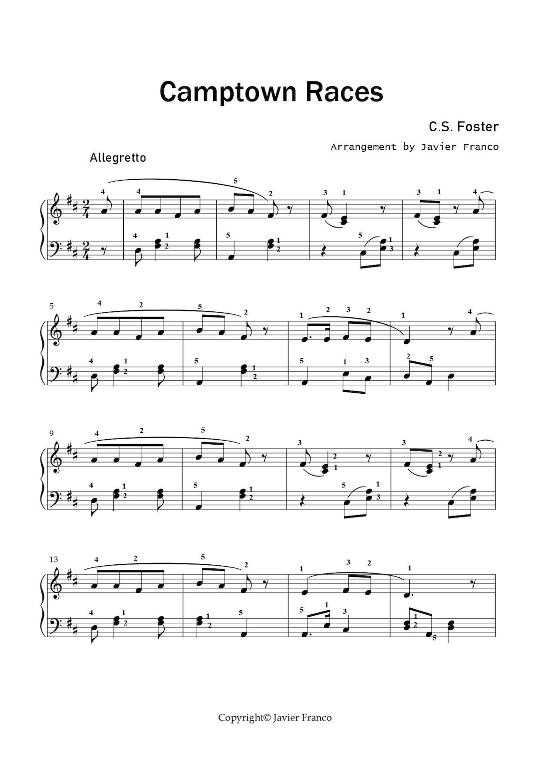Camptown Races- Piano Easy Sheet Music - Etsy
