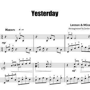 Könnte beinhalten: Notenblatt für das Lied "Yesterday" von Lennon & McCartney. Die Musik ist für Klavier arrangiert und enthält den Text und die Akkorde.
