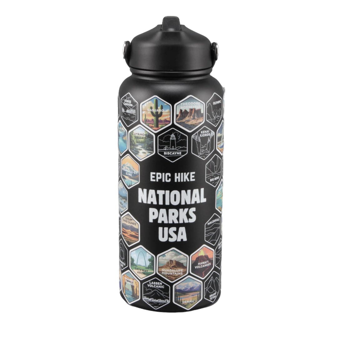 National Parks Water Bottle With 63 Waterproof Stickers 32oz Leakproof ...
