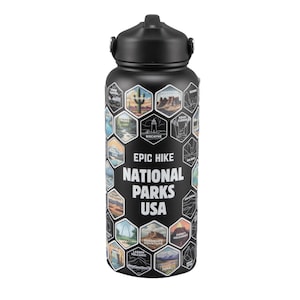 May include: Black water bottle with a black lid. The bottle is covered in hexagonal images of national parks with the text "EPIC HIKE NATIONAL PARKS USA". The bottle is designed for outdoor activities.