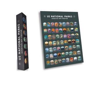 May include: A dark green US National Parks scratch-off poster with colorful illustrations of national park landscapes. A black rectangular box with the text "US National Parks Scratch Off Poster" is on the left.