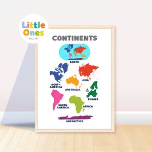 Lernbare Kontinente, Homeschool Drucke, Montessori Klassenzimmer Dekor, Kleinkind Spielzimmer Dekor, Vorschul Poster, png
