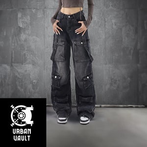 Hip Hop Y2K Minus Two Mens Retro Loose Jeans cargos Pockets Wide Legs High  Waist