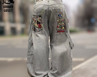 Y2K Vintage patroon borduurwerk oversized cargo broek, streetwear baggy jeans, harajuku broek, K186, Y2k jeans, plus size jeans