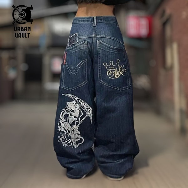 Y2K Hip Hop Streetwear Jeans with Big Pockets and Death Print, Vintage High-Waisted Denim Pants Harajuku Style, K198, Oversized Baggy Jeans