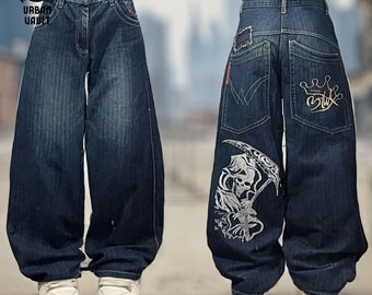 Y2K Hip Hop Streetwear Jeans con Grandes Bolsillos y Estampado de Muerte, Pantalones de Mezclilla Vintage de Talle Alto Estilo Harajuku, Jeans Baggy de Gran Tamaño - K198