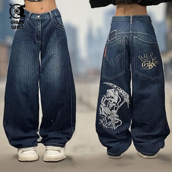 Y2K Hip Hop Streetwear Jeans with Big Pockets and Death Print, Vintage High-Waisted Denim Pants Harajuku Style, Oversized Baggy Jeans - K198