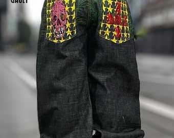 Y2k Amerikaanse high street hiphop schedel geborduurde oversized jeans, K193: plus size jeans, gotische harajuku jeans, cargobroeken, Y2k jeans