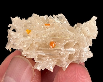 Natural Cerussite Crystal cluster with Wulfenite, Raw rare mineral specimen, white Cerussite, orange wulfenite blad, spiritual Gemstone Gift