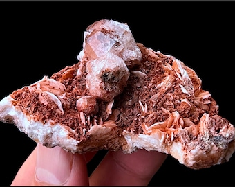 May include: A cluster of clear, glassy crystals set in a bed of red and white barite. The crystals are translucent and have a slight pink hue. The barite is a rough, textured matrix.