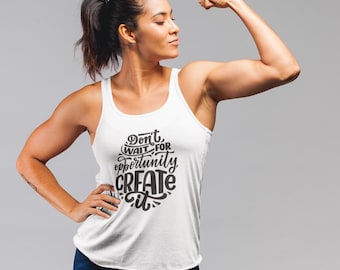 Motywacyjny damski top bez rękawów, koszulka treningowa typu racerback, bezrękawnik do jogi, inspirująca odzież sportowa do ćwiczeń, pozytywny cytat